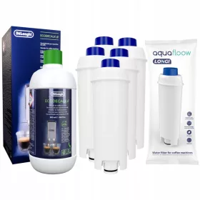    5× Filtro acqua per macchina da caffè AquaFloow Longi bianco + decalcificante Delonghi Ecodecalk DLSC500 500 ml