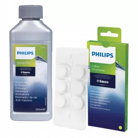    Decalcificante liquido per macchine da caffè espresso Philips Saeco Decalcifier 0,25 l + pastiglie sgrassanti per il gruppo caffè Philips 6 pz.