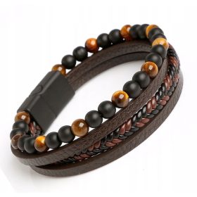  BRACCIALE DA UOMO IN PELLE CON PERLINE, ACCIAIO 316L