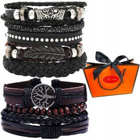    SET DI 9 BRACCIALI ELEGANTI IN PELLE DA UOMO + SACCHETTO REGALO