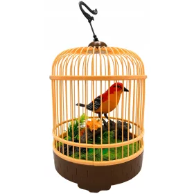    Un uccello che cinguetta e si muove in una gabbia alimentata a batteria