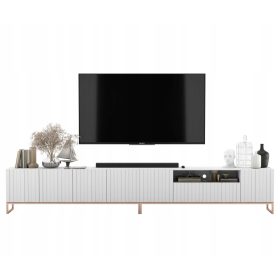    Cassettiera TV Moderna Glamour, Mobile TV Bianco Opaco, Frontali Canne, 300 cm
