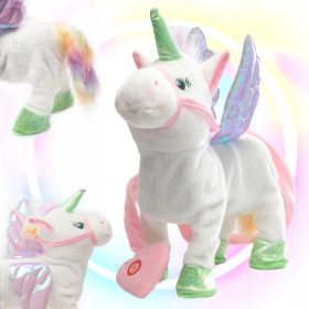    Il giocattolo interattivo con unicorno cammina e canta in bianco