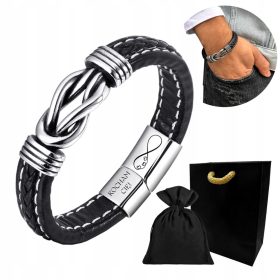    Bracciale in pelle da uomo, NODO nero, acciaio 316L, regalo + INCISIONE GRATUITA