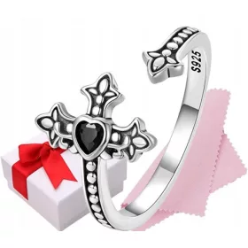    Anello traforato Croce Nera argento regolabile s925 + scatola