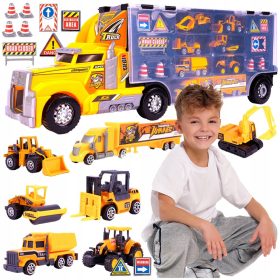    ENORME CARRO RIMORCHIO CON LANCIA 57cm + 7 AUTOMOBILI DA COSTRUZIONE