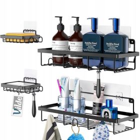   4x Mensole per doccia BAGNO, metallo, nero, autoadesive da parete