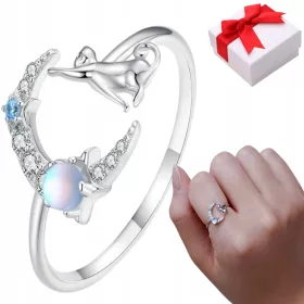    Anello in argento MOON CAT pietra di luna regolabile s925 + scatola