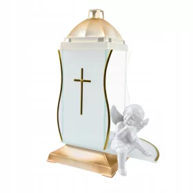    Una candela artistica unica con una statuina di angelo in ceramica bianca e dorata