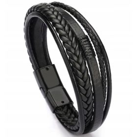   Bracciale in pelle intrecciata nera, robusta chiusura magnetica in acciaio inossidabile