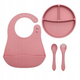    Piatti in silicone per bambini, piatto + posate + bavaglino, BLW, rosa sporco