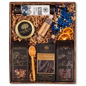    CESTINO REGALO set tè caffè cioccolato ciliegia sciroppo tartufo fiori