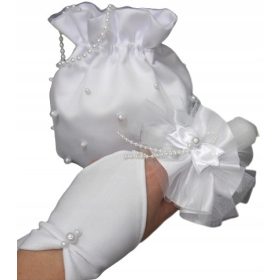    Set comunione: guanti antigoccia, sacchetto per comunione bordato di perle
