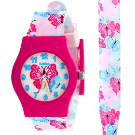    Orologio analogico Kiddus per bambini. Si illumina al buio. Farfalle rosa