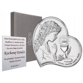    Quadretto in argento per ragazza come ricordo della Prima Comunione della sua madrina + incisione