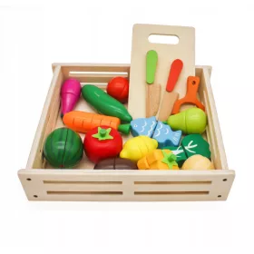    FRUTTA VERDURA IN LEGNO DA TAGLIO + SCATOLA E POSATE PER BAMBINO