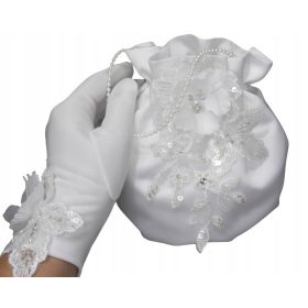    Set Comunione: Borsa e guanti da Comunione decorati con applicazione 3D