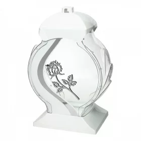   Candela tombale rotonda ed elegante con un fiore di rosa, bianco e argento