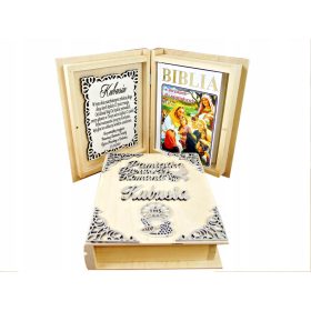    Bibbia In Una Scatola Di Legno, Regalo Ricordo Di Battesimo Con Dedica