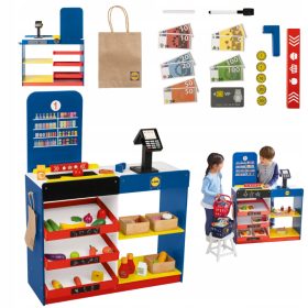    NEGOZIO LIDL DA REGALO IN LEGNO CON REGISTRATORE DI CASSA E ACCESSORI PER BAMBINI GIOCATI