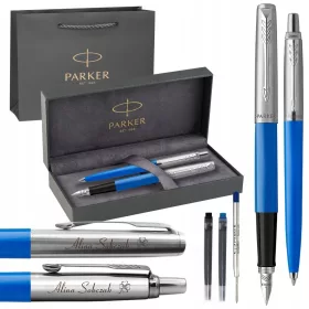    Penna a sfera automatica Parker blu + penna stilografica Parker Jotter blu e argento con cartucce