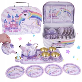    Set da tè in valigia, unicorno, teiera, vassoio, piatti, tazze
