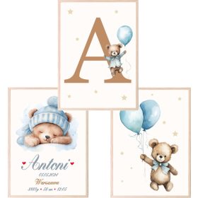    Set 3 poster A3 Orsetti con palloncini, certificato di nascita, personalizzazione con nome del bambino