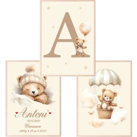    Set di 3 poster A3 Orsetti Beige con palloncini con il nome del bambino