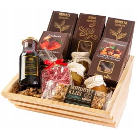    CESTINO REGALO set di tè, scatola, caffè, fragole, nocciole al cioccolato