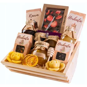    CESTINO REGALO set di tè, scatola, caffè, cioccolata, sciroppi, candele, miele