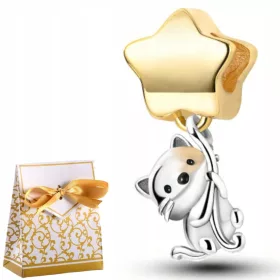    CHARMS Ciondolo GATTO in argento 925, placcato oro, dipinto a mano