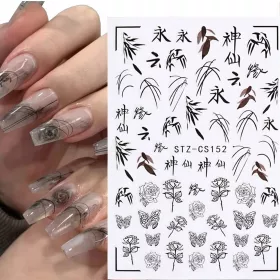   ADESIVI PER UNGHIE IN BIANCO E NERO CARATTERE CINESE PIANTE ROSE