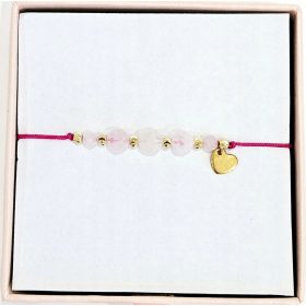   Bracciale Amore e Felicità, cuore in quarzo rosa su filo rosa