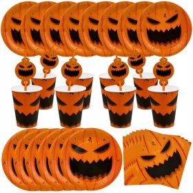    Set grande di piatti, tazze, tovaglioli, cannucce, zucca di Halloween, 40 pz