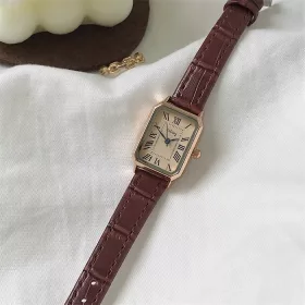    Orologio al quarzo vintage retrò da DONNA - cinturino marrone, quadrante dorato