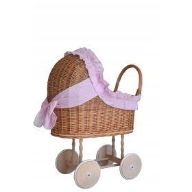    PASSEGGINO IN VIMINI, PER BAMBOLE, griglia in vimini rosa + PNEUMATICI IN GOMMA MORBIDA