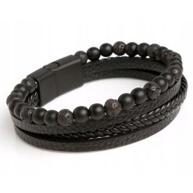  BRACCIALE DA UOMO IN PELLE CON PERLINE DI ONICE LAVA