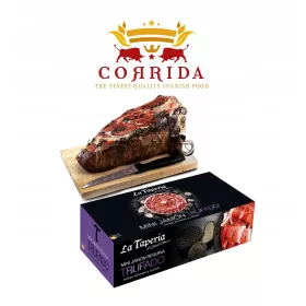   Set regalo Prosciutto Serrano spagnolo con tartufo da 1 kg con coltello e tagliere