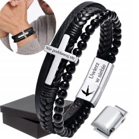    Bracciale da uomo in pelle incisa con croce in argento e corniola