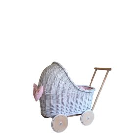    Passeggino per bambola in vimini bianco + pneumatici in gomma, finiture + biancheria da letto per spinta