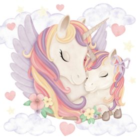   Set di Adesivi Unicorno Mamma e Cucciolo con Cuori, Stelle e Nuvole