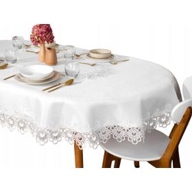  Obrus Owalny Biały z Elegancką Koronką Gipiurą 140x240 cm