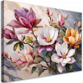   Quadro su Tela "Magnolie e Fiori Colorati su Fondo Marmo" 60x40 cm