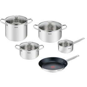   Set di Pentole TEFAL in Acciaio Inox da 9 Pezzi Compatibile con Induzione e Padella 28cm