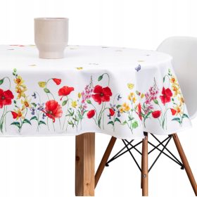 Tovaglia Ovale Bianca con Papaveri Rossi Antimacchia 130x180