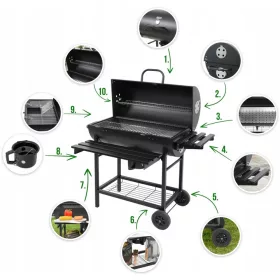    BARBECUE A CARBONE DA GIARDINO CON BARILE E CASSETTO CENERE TERMOMETRO GRANDE GRIGLIA 71x45cm