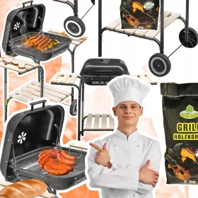    Barbecue a carbone con coperchio, tavolini laterali, FORTE, durevole, 2KG DI CARBONE