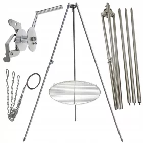    Treppiede per griglia da giardino 200cm in acciaio inox + griglia 60cm + mulinello + corda INOX