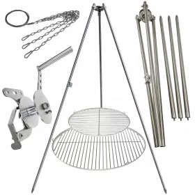    Treppiede per barbecue da giardino 225cm acciaio inox 2 griglie 50 e 70cm bobina corda
