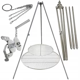    Treppiede per barbecue da giardino 225cm acciaio inox 2 griglie 50 e 90cm bobina corda